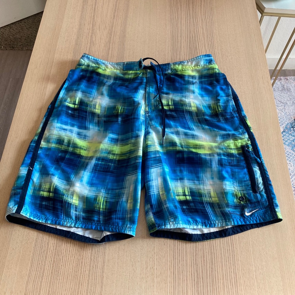 Nike Board Shorts Mens L Blue Green Abstract Plaid Swim Trunks Mesh Lined Pocket